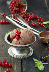 Chocolate ice cream with berries on a dark background