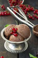 Chocolate ice cream with berries on a dark background