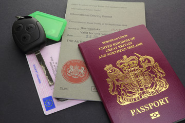 United Kingdom or British EU Passport with International Driving Permit, Driving Licence, and Car Key