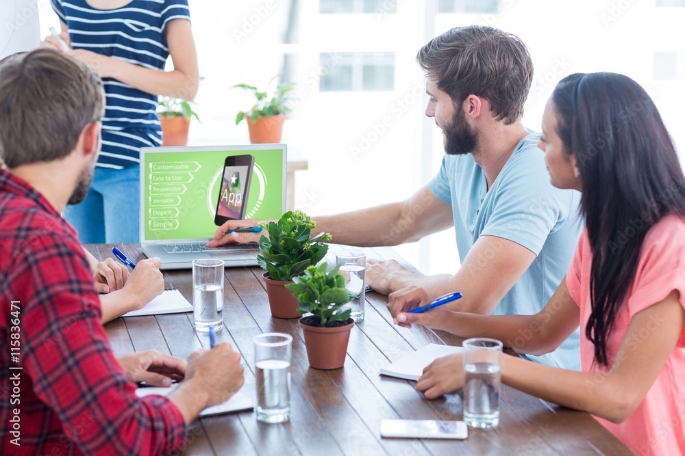 Poster composite image of business team using a laptop
