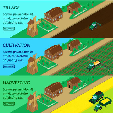 vector illustration. Web banner agriculture, field cultivation - tractor plow, irrigate insecticide planting, combine harvesting. House, mill, barn. Isometric, 3D