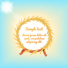 Fototapeta na wymiar vector illustration. a wreath of ripe wheat with a ribbon. Yellow on a blue background.