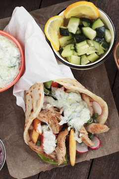 Gyros, greek pita bread wrapped sandwich
