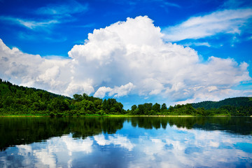 Beautiful landscape of the island and the blue sky with white cl