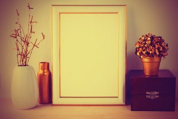 Frame mockup with wooden box vintage styled
