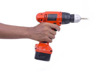 Hand hold cordless electric screw driver on white background