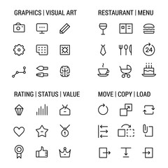 Icons sets: graphics and visual art, restaurant and menu, rating and status, move and copy. Linear, black.