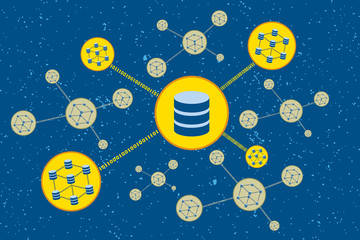 Data science and communication concept with database and flow of information in shape of molecule.