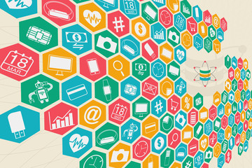 Data science and information communication concept with database and flow of gadgets on colorful hive connection.