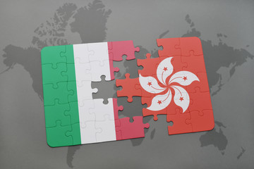 puzzle with the national flag of italy and hong kong on a world map background.
