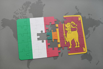 puzzle with the national flag of italy and sri lanka on a world map background.