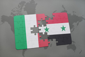 puzzle with the national flag of italy and syria on a world map background.