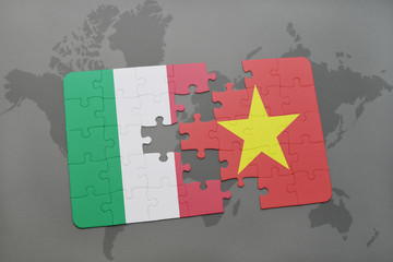 puzzle with the national flag of italy and vietnam on a world map background.