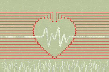 Health data information concept with electronic circuit print in shape of heart rate and flow of digital data.