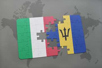 puzzle with the national flag of italy and barbados on a world map background.