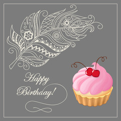 birthday card with merinque cake, cherry and feather