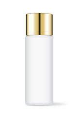 Cosmetic bottle with gold cap isolated on white background. Ideal for facial cleansing packaging and lotion and skincare or other.