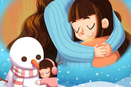 Mom I miss you. A Warm Story: Little Blind Girl Remembered Her Mom's Last Hug When She Hug Snowman. Creative Idea, Innovative art, Concept Illustration, Greeting Card Background, Cartoon Style Artwork