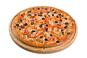pizza with salmon on a wooden board