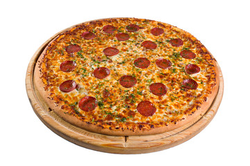 pizza pepperoni on a wooden board
