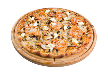 pizza with salmon on a wooden board