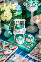 Candy bar on wedding ceremony with a lot of different candies and beverages
