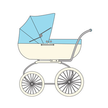Blue cartoon children's stroller for a newborn baby boy.