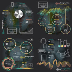 set infographics with sound waves on a dark background