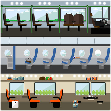Public transport interior concept vector banners set. Bus, train and airplane.