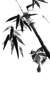 Card with bamboo and bird on white background in sumi-e style.
