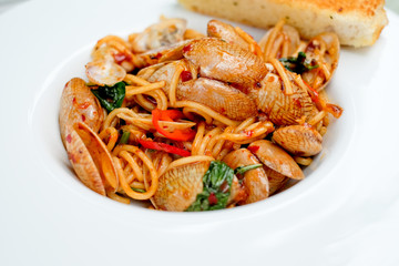 pasta or spaghetti clams with spicy chili sauce,thai food