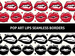 Pop art seamless borders with lips and polka dots design. Vector illustration