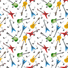 Music seamless pattern with guitars and music notes. Vector illustration