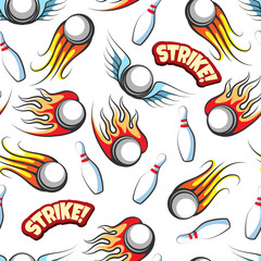 Bowling seamless pattern with firely bowling balls and pins. Vector illustration