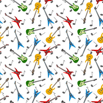 Music seamless pattern with guitars and music notes. Vector illustration