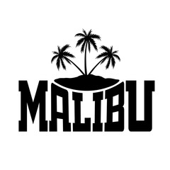 T shirt typography graphics Malibu Beach California. Summer tropical paradise style. Fashion stylish print sports wear. Template for apparel, card, poster. Symbol of surf, vacation Vector illustration
