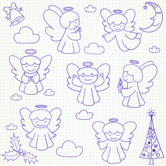 Collection of vector Christmas angels and ornaments in doodle st