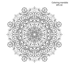 Coloring book for adult and older children. page with mandala made of decorative vintage flowers Outline hand drawn