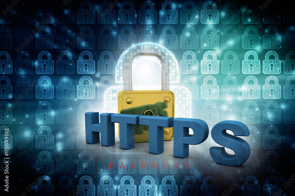 Poster 3d illustration network community concept . lock with http sign