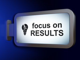 Finance concept: Focus on RESULTS and Light Bulb on billboard background
