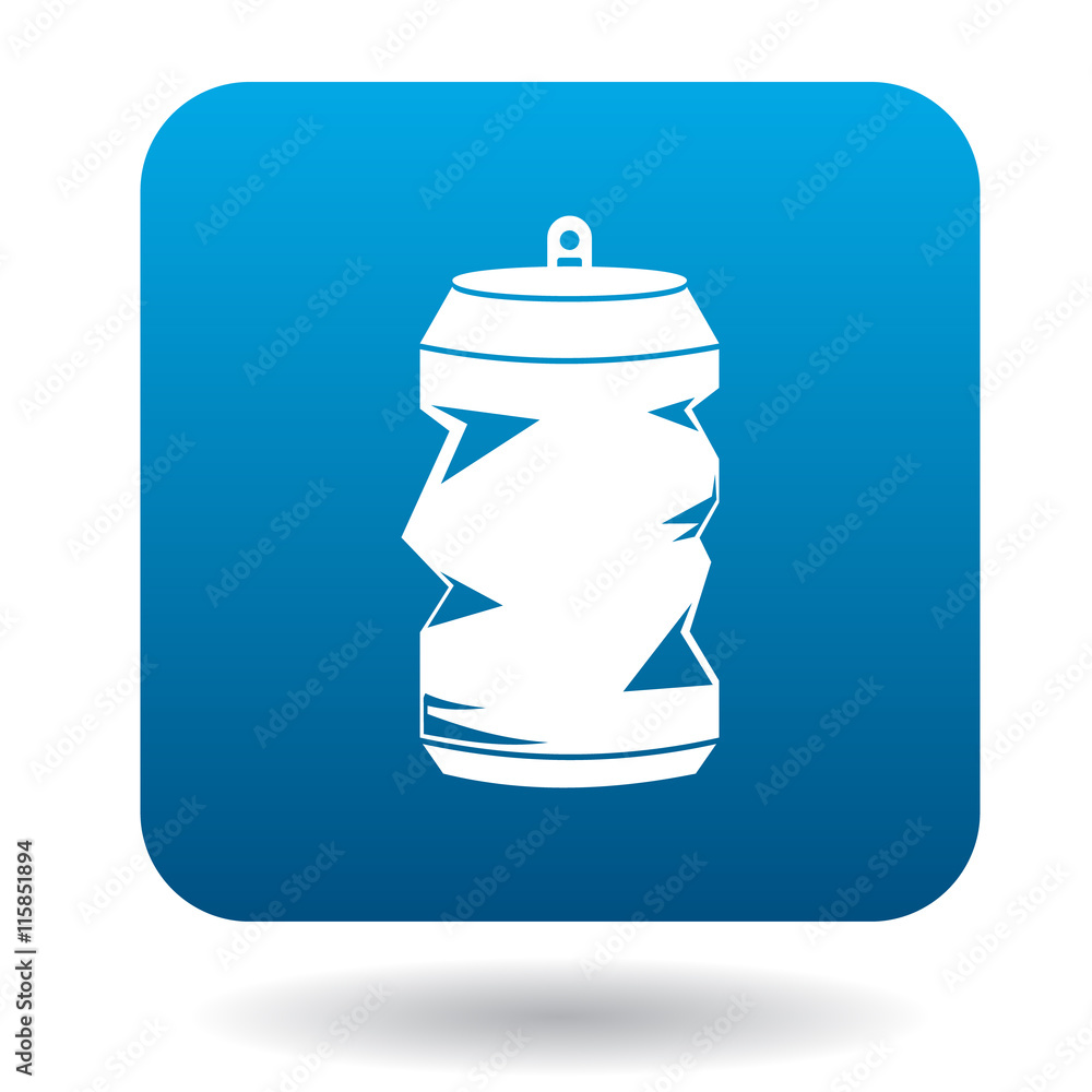 Poster crumpled empty soda or beer can icon in simple style on a white background