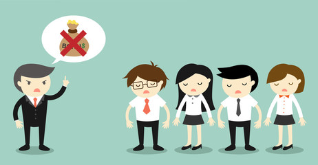 Business concept, Boss talking about no bonus and business people feeling sad. Vector illustration