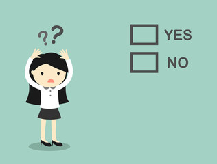 Business concept, Business woman is confusing about 'yes' and 'no'. Vector illustration.