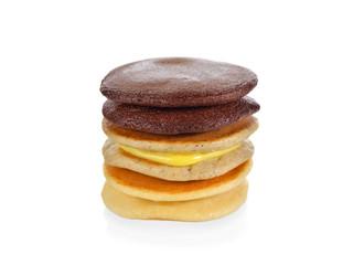 stack of Japanese pancake or Dorayaki with banana and chocolate
