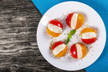 Caprese salad of tomatoes and mozzarella, view from above