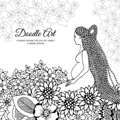 Vector illustration Zen Tangle, a pregnant woman sitting in flowers. Doodle drawing. Coloring book anti stress for adults. Black white.