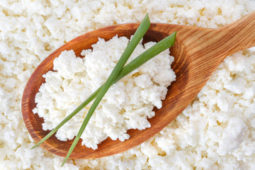 crumbly cottage cheese in the wooden spoon with onion on the top - 115854841