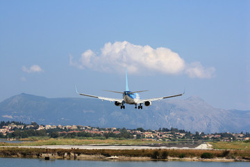 Airplane landing on island Corfu, Kerkyra, Greece