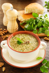 Kharcho soup of beef with walnuts and rice. Georgian cuisine.