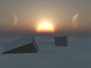 Post apocalyptic ruins 3D illustration. Sunset over postapocalyptic Earth